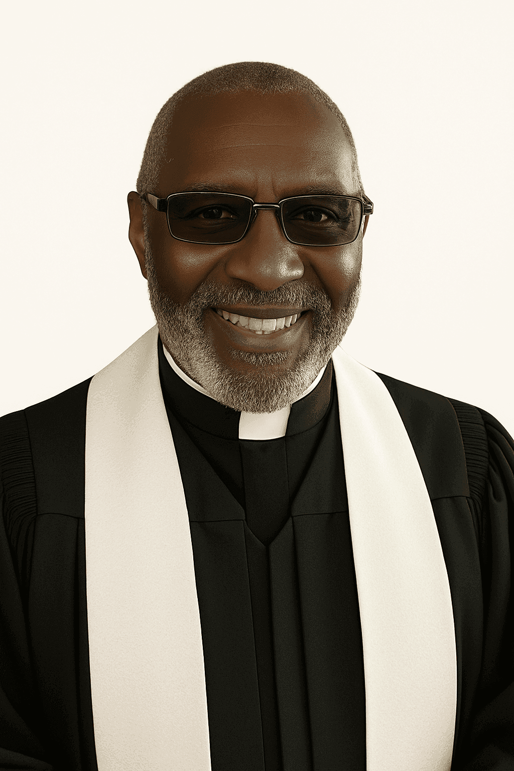 Clergy member in black robe and white stole, smiling with glasses on a plain background.