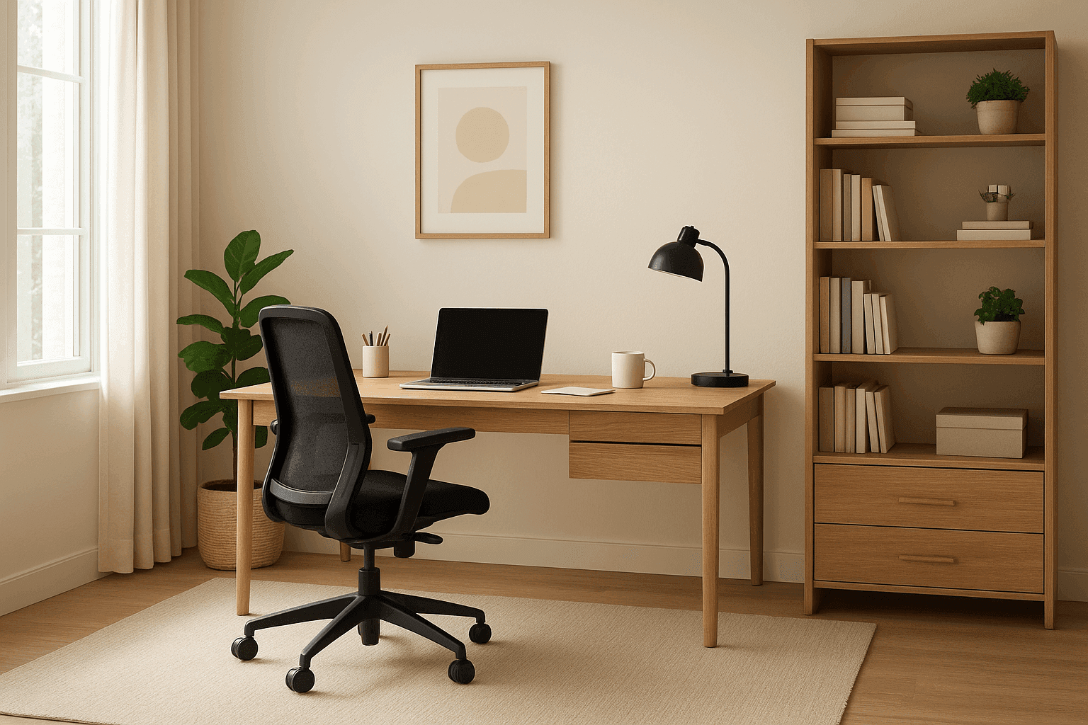 Minimalist home office with wooden desk, laptop, chair, desk lamp, and bookshelf.