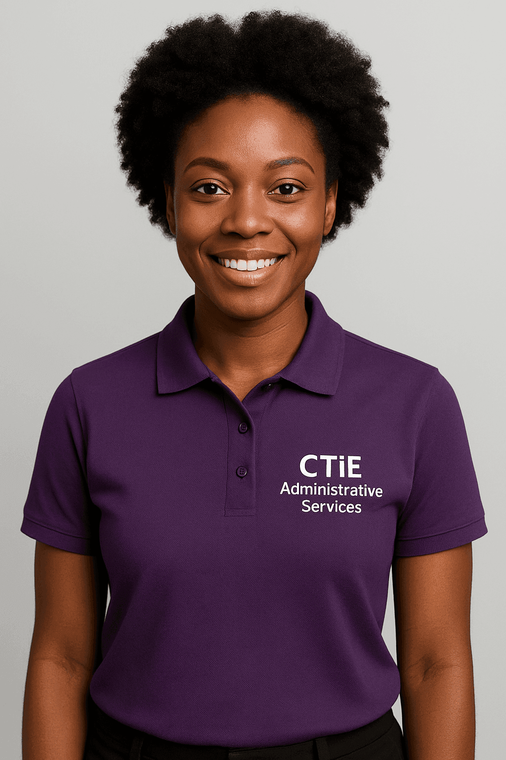 Person wearing a purple polo shirt with CTiE Administrative Services logo on the chest.
