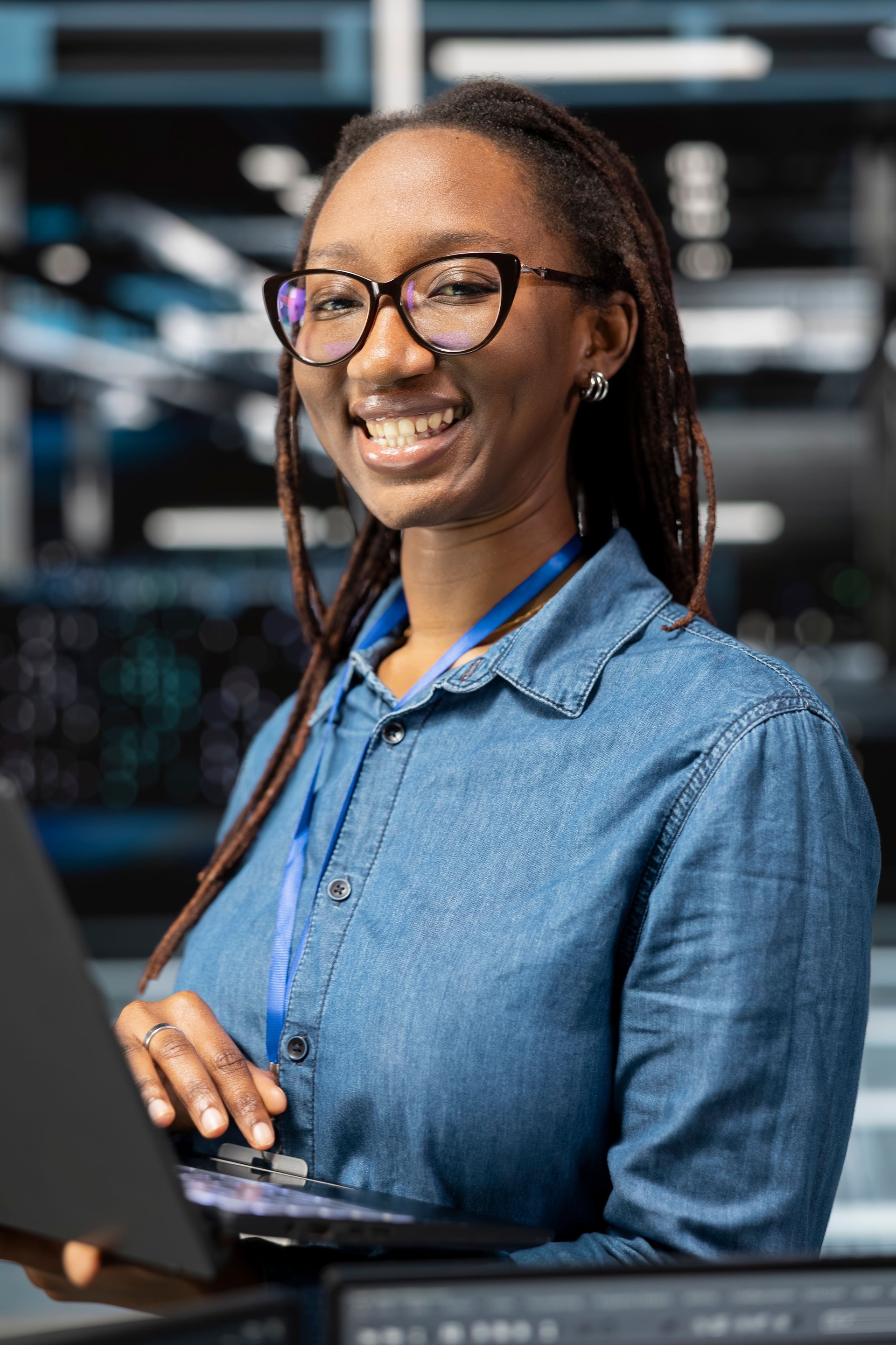 Portrait of smiling technician in data center monitoring system performance